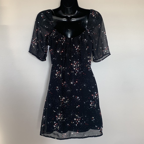 Wild Honey Star Galaxy Print Ruched Bust Button Front Short Sleeve Mini Dress - Picture 9 of 15